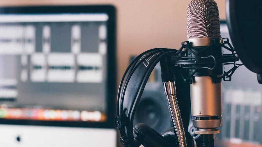 Person recording podcast in home studio with professional microphone and headphones
