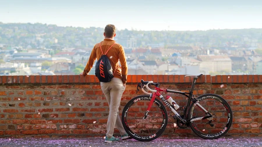 Person riding hybrid bike through city street with backpack, practical commuting scene