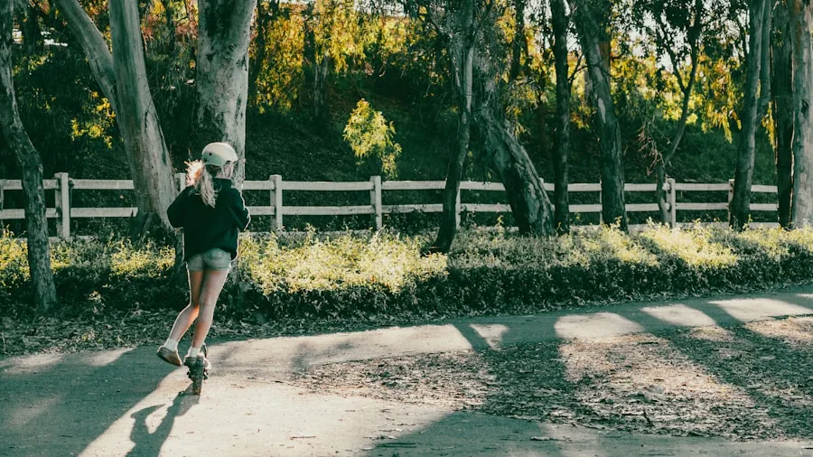 The %product_count% Best Roller Skates 4 Person roller skating on outdoor neighborhood path with natural lighting