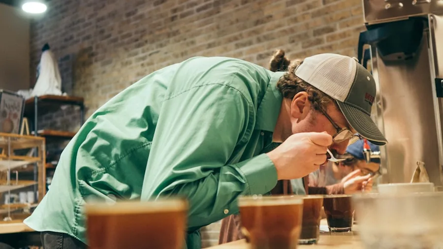 Person selecting between different coffee syrups and flavor options while preparing a morning beverage