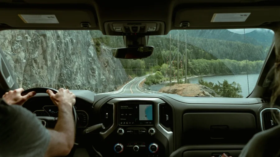 person sitting in modern truck interior