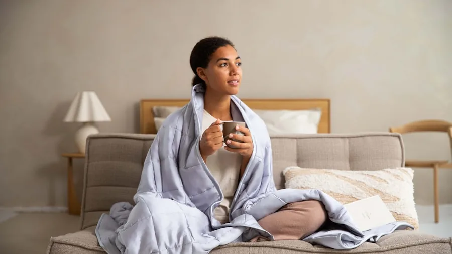 Person sitting on bed examining different blankets while taking notes, comparing quality and value options