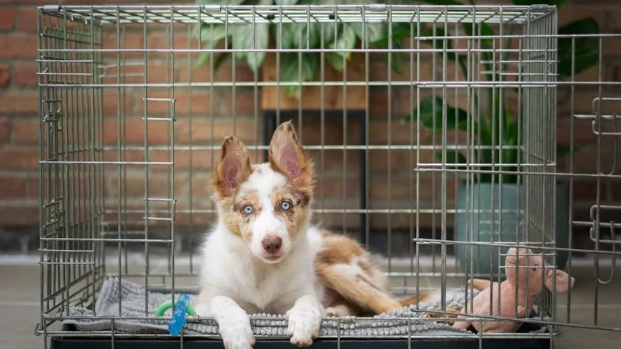 Person training dog inside wire crate at home during crate training session