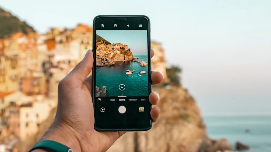 Person using smartphone camera editing features with AI-assisted tools in natural lighting