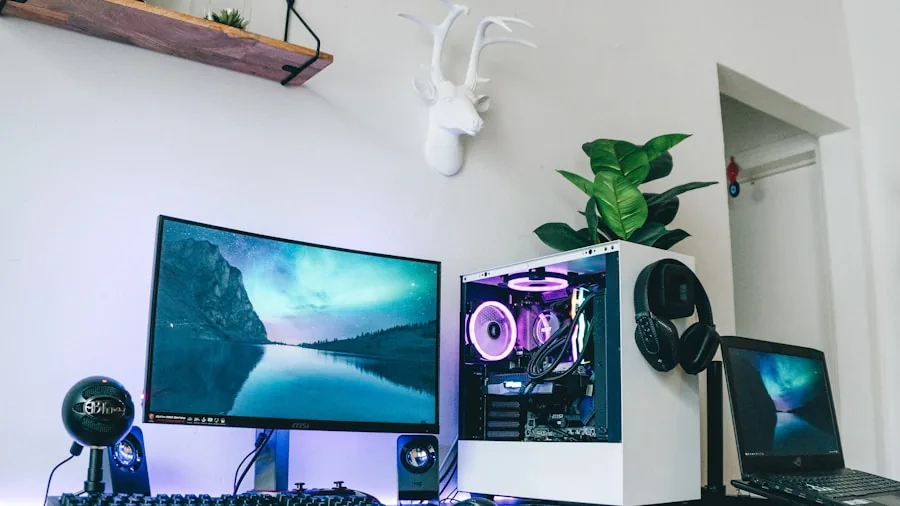 Person working at a desktop computer in a home office or gaming setup environment