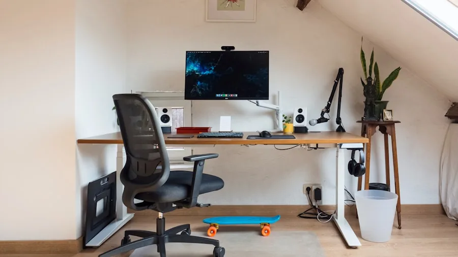 Person working at desk in home office with low-pile area rug underneath rolling chair