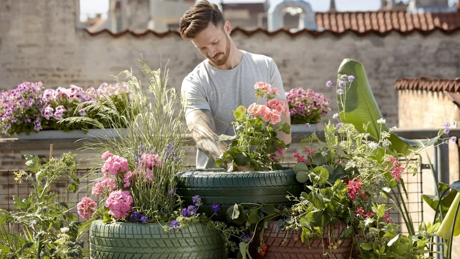 Person working in a raised garden bed with metal sides on a sunny day