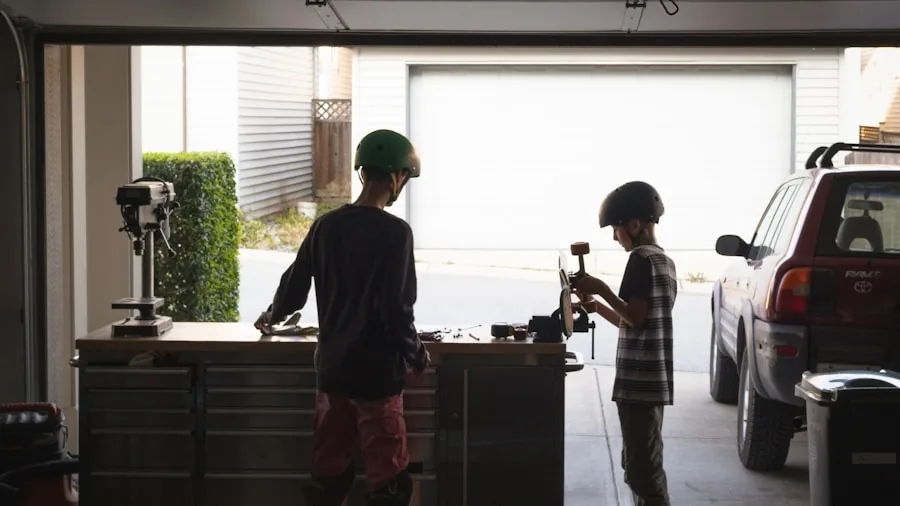 Person working on home improvement project in residential garage workshop