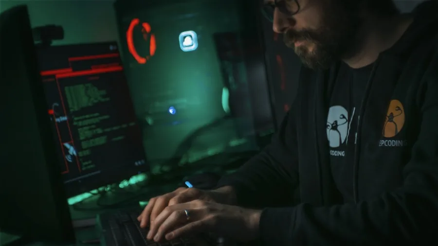 Person working on home network security setup with laptop and router in modern home office environment