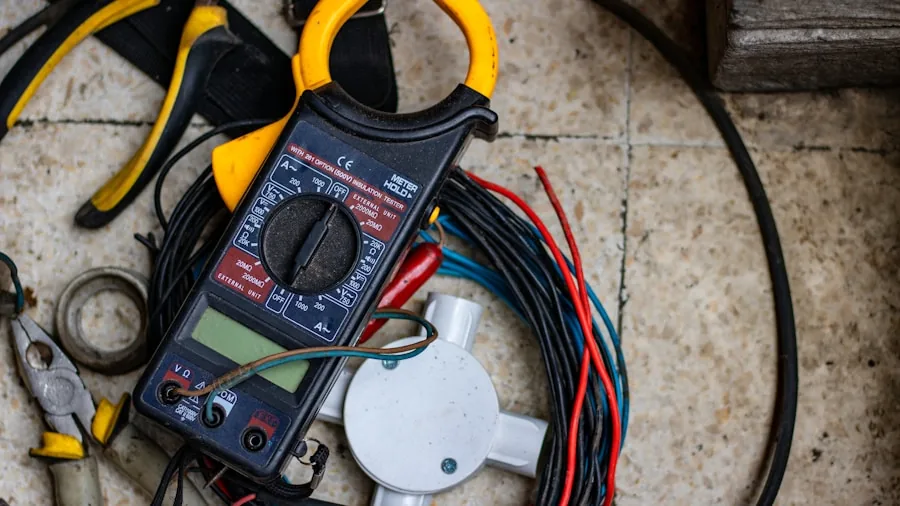 Person working with power tools in a home workshop with electrical equipment