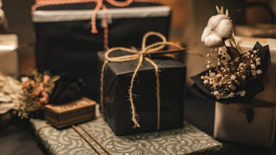 Premium gift box with elegant wrapping paper and ribbon on wooden table, lifestyle setting