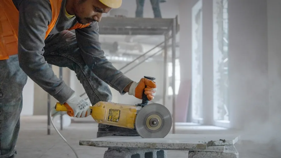 Professional craftsperson wearing safety gear while using power tools in workshop setting