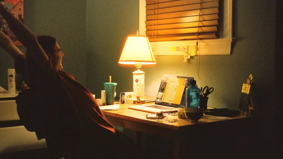 Professional focused on work at organized desk with warm lighting during daytime office hours