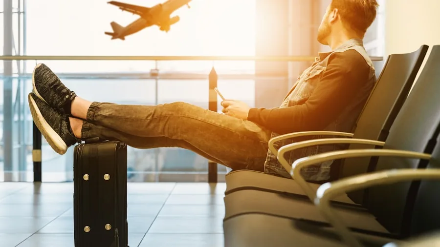 Professional traveler navigating airport terminal with luggage during business trip