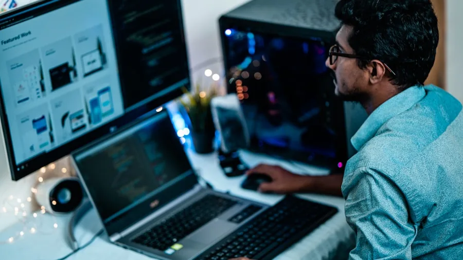Professional working at desktop with multiple monitors and applications open
