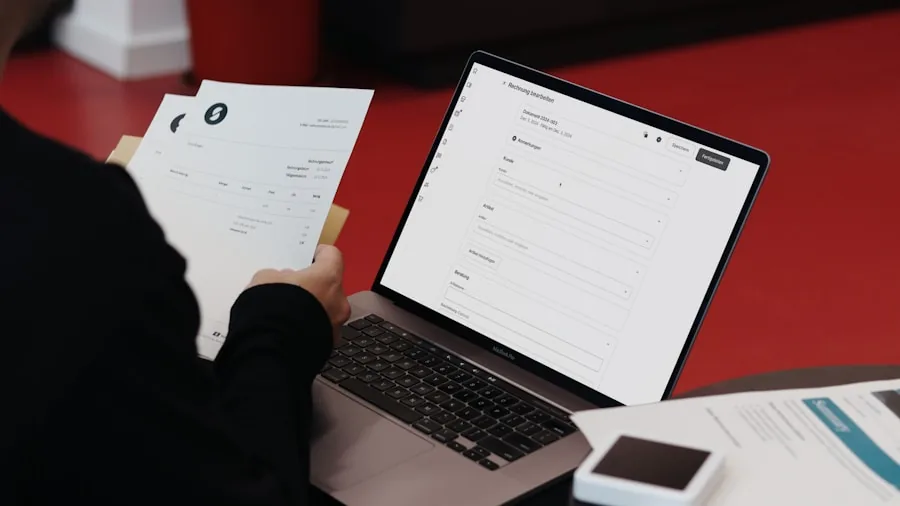 Professional working with portable printer at desk in modern office setting