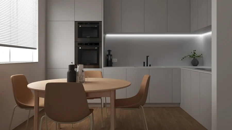 Small modern kitchen counter with limited space in apartment setting