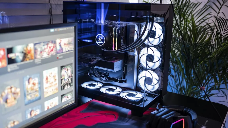 Someone assembling a PC build with components on a wooden desk in natural lighting