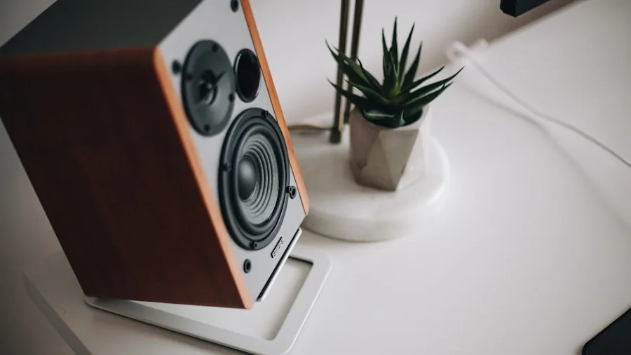 Someone enjoying reliable audio from desktop speakers in a home office setting
