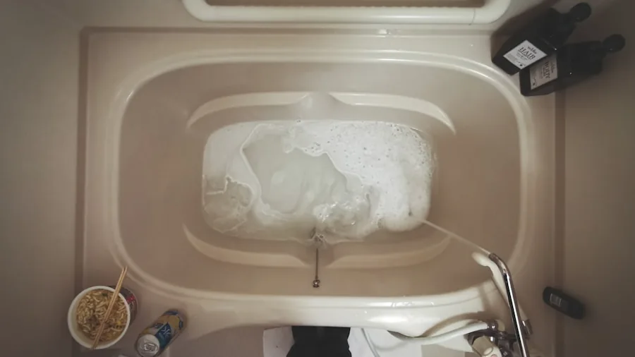 Someone performing bathroom cleaning and maintenance with a plunger in a home setting