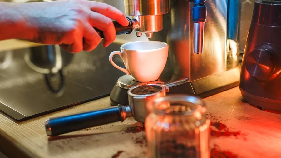 Someone preparing espresso coffee in a home kitchen during morning routine