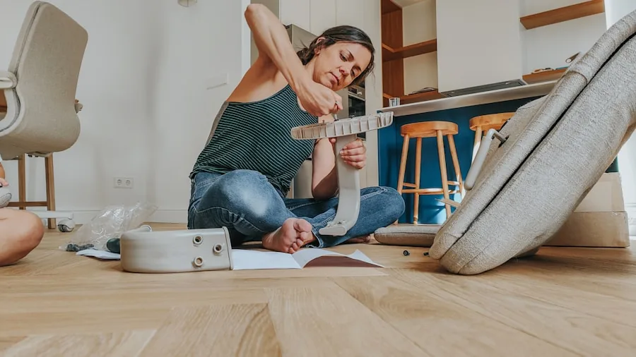 Someone working on a home improvement DIY project in a workshop or garage setting