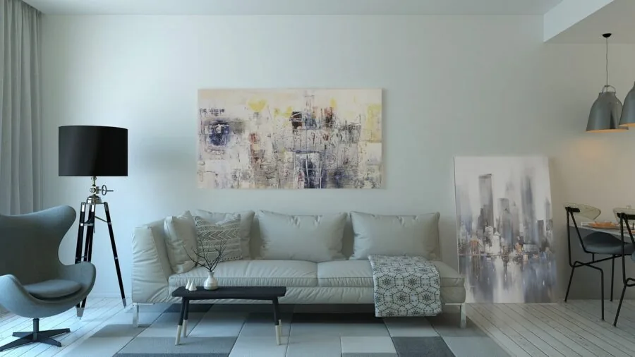 Spacious living room with wide entertainment unit and comfortable seating arrangement for home viewing
