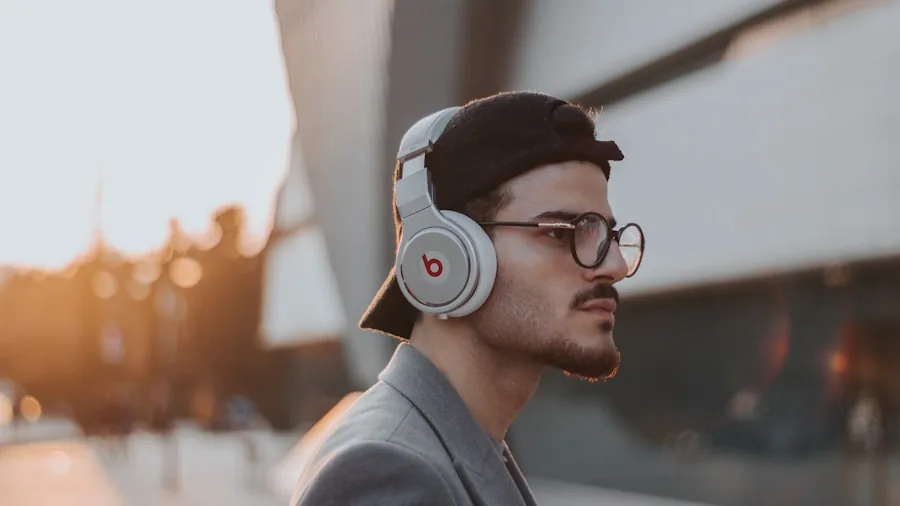 Traveler with headphones on a long journey, enjoying music during extended trip