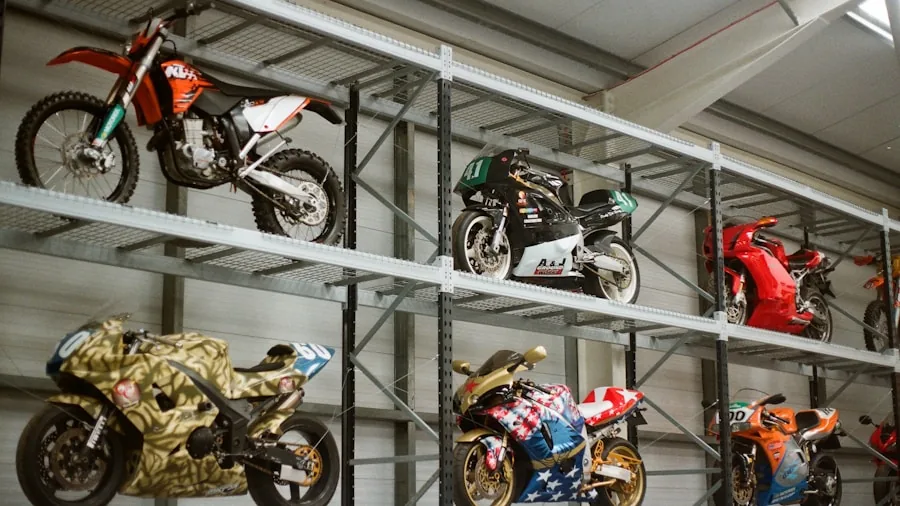 Well-organized garage interior with metal shelving units storing tools, boxes, and equipment neatly arranged