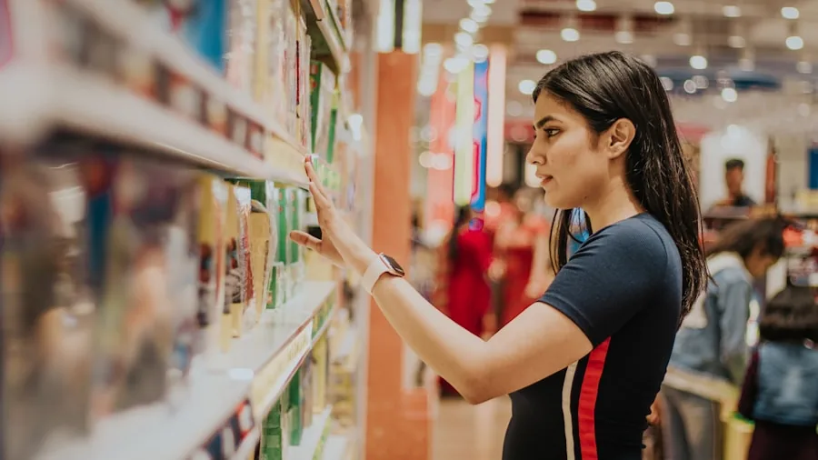 Woman evaluating candle options while shopping, comparing products and prices in lifestyle setting