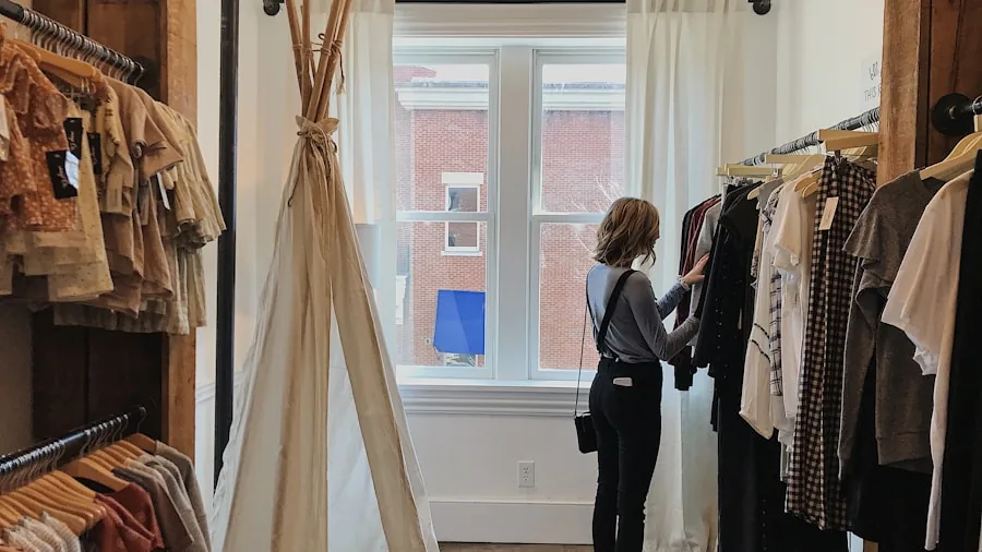 The %product_count% Best Leggings for Women 6 Woman thoughtfully examining clothing items while considering purchase options and value