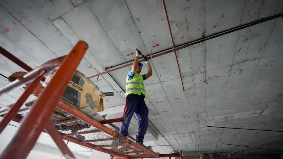 Worker using a drill on overhead project in workshop setting