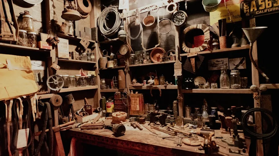 Worn metal tools scattered on wooden workbench showing patina and age from regular use in garage setting