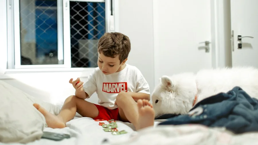 Young child playing safely indoors in a bright living room with protective supervision