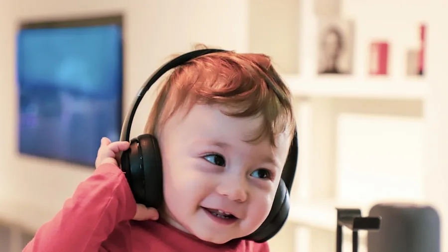 Young child wearing headphones enjoying music outdoors in natural daylight
